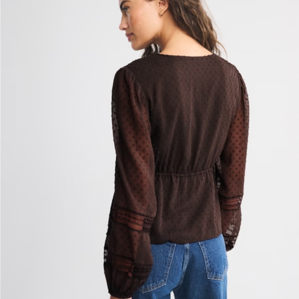 Abercrombie & Fitch Long-Sleeve Tie-Front Brown Lace Top NWOT - Picture 3 of 8